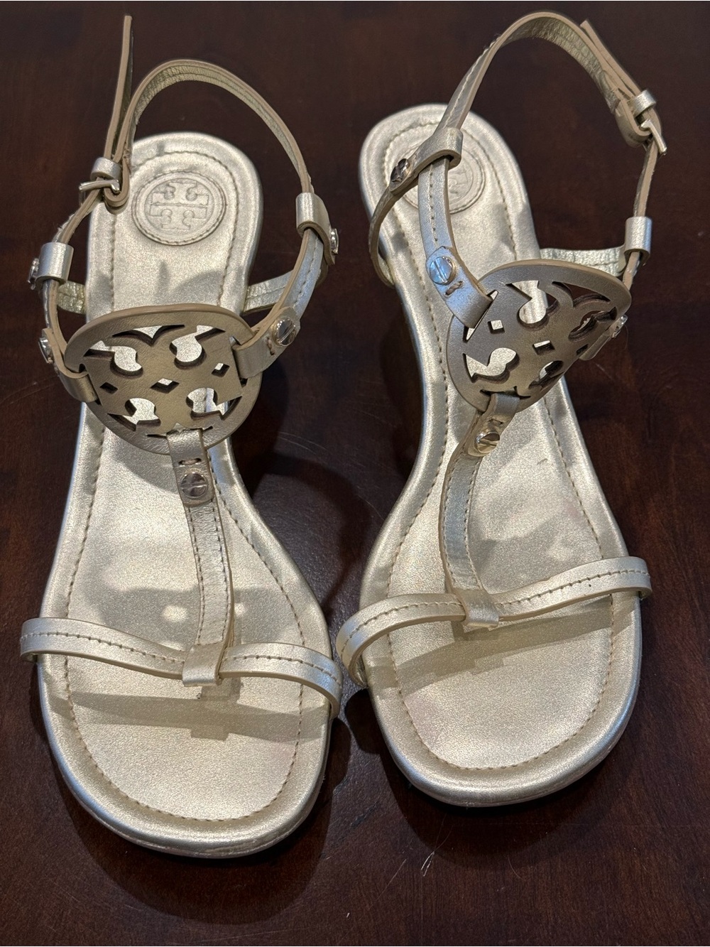 Tory Burch Metallic Gold Miller Logo T-Strap Wedge Sandals
